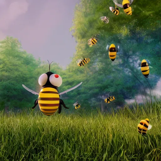 Prompt: cute bee at bee university, photorealistic, octane render, rtx, hdr, unreal engine, digital art widescreen 8 k, studio ghibli, disney, wlop