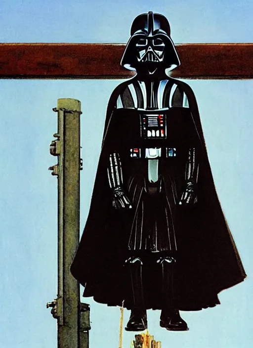 Image similar to a norman rockwell painting of darth vader on an i - beam