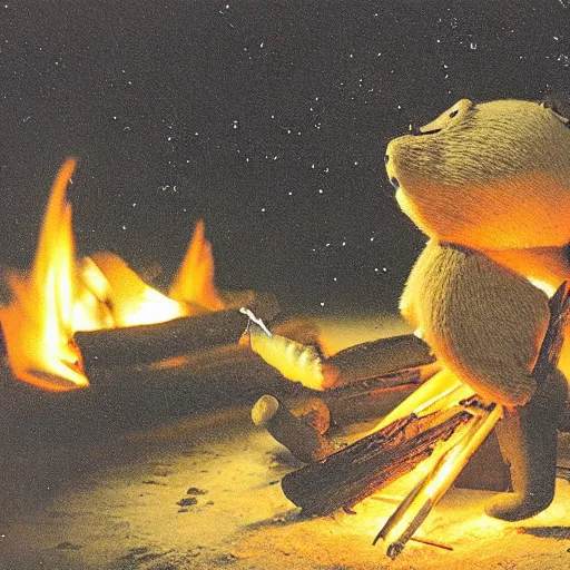 Image similar to beaver being spit roasted over a campfire at night, photograph