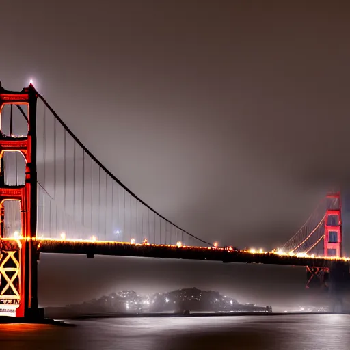 Image similar to Golden gate bridge,it is raining, night time , peaceful atmosphere, moody lighting , digital art , highly detailed , high contrast, beautiful lighting, award winning , trending on art station, photorealistic, 8k