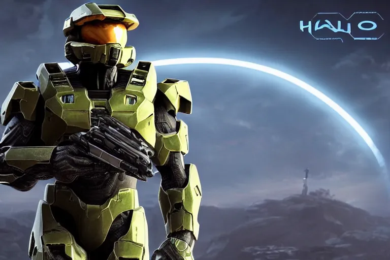 Image similar to halo master chief with a new neon rgb suit, photorealistic, 8 k, cinematic