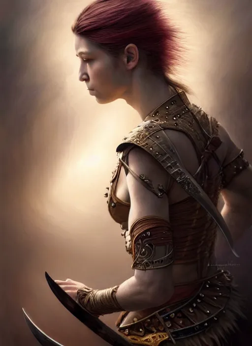 Image similar to a young warrior woman moments before battle in contemplation, diffuse lighting, fantasy, intricate, elegant, highly detailed, lifelike, Rebel, photorealistic, digital painting, artstation, punks, illustration, concept art, smooth, sharp focus, artgerm, by John Collier and Albert Aublet and Leonardo da vinci and Krenz Cushart and Artem Demura and Alphonse Mucha