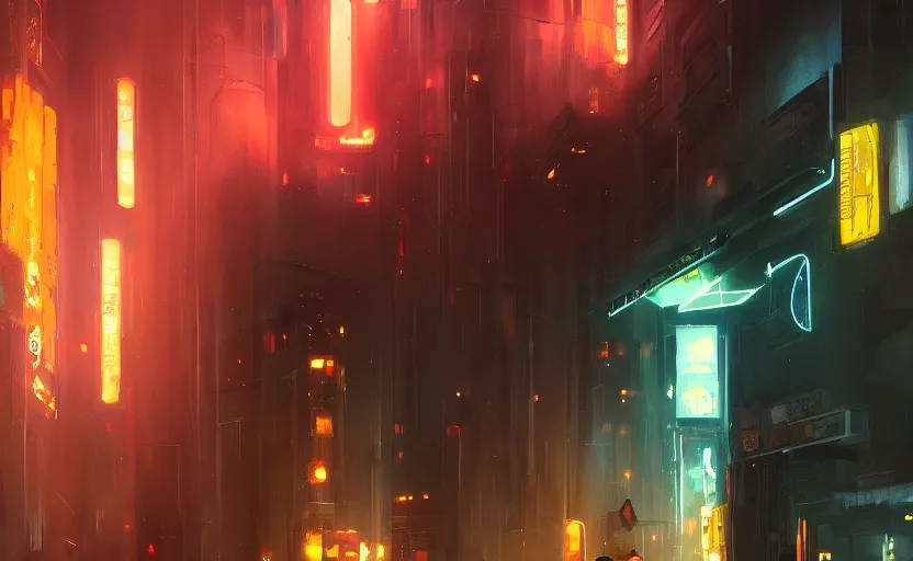 Image similar to a painting of a sensual robot in the city of dreams trending on artstation in the style of greg rutkowski, 8 0 s, cyberpunk, blade runner