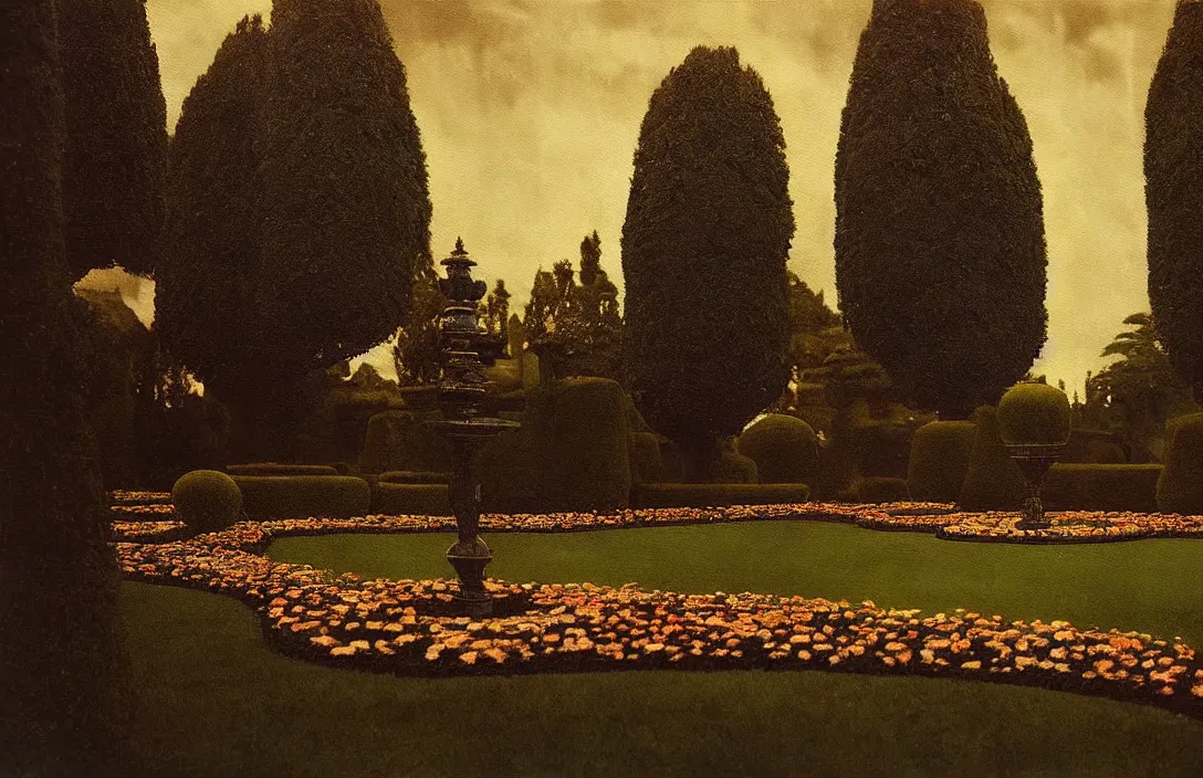 Image similar to virtuoso painting royal garden design by andre le notre intact flawless ambrotype from 4 k criterion collection remastered cinematography gory horror film, ominous lighting, evil theme wow photo realistic postprocessing divisionism painting by claude gellee