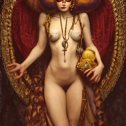 Image similar to highly detailed oil painting | very intricate | cinematic lighting | the voodoo priestess dressed very elaborate | by roberto ferri, by tom bagshaw, by j. c. leyendecker and klimt, beautiful cinematic light, american romanticism, by austin osman spare, artstation, cgsociety, official art, octane