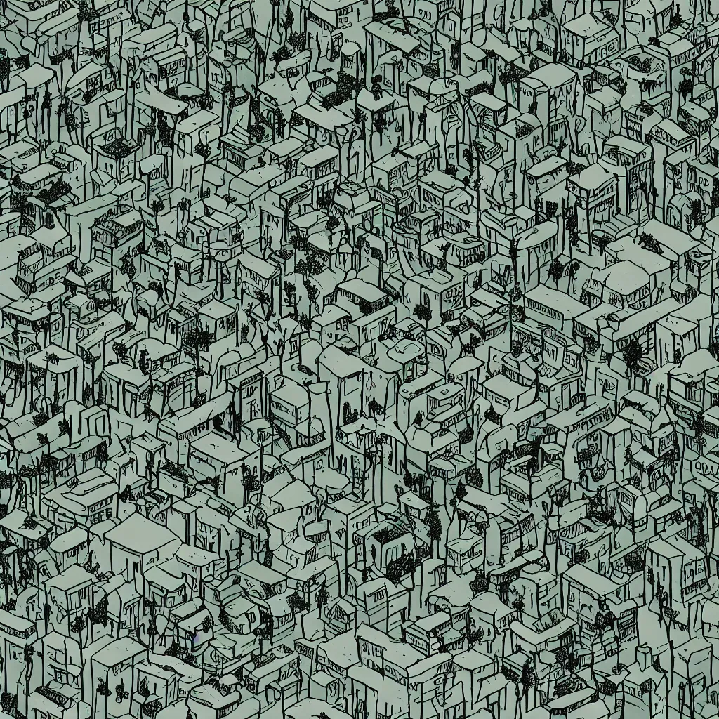 Prompt: A simple yet detailed illustration of abandon city covered by trees