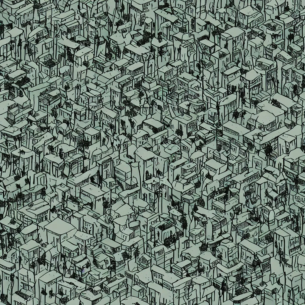 Image similar to A simple yet detailed illustration of abandon city covered by trees