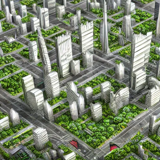 Prompt: a sprawling city landscape, overgrown, alien planet, high rises, oblong formations, crooked angles, isometric view, uhd, 8 k, digital art, award winning,