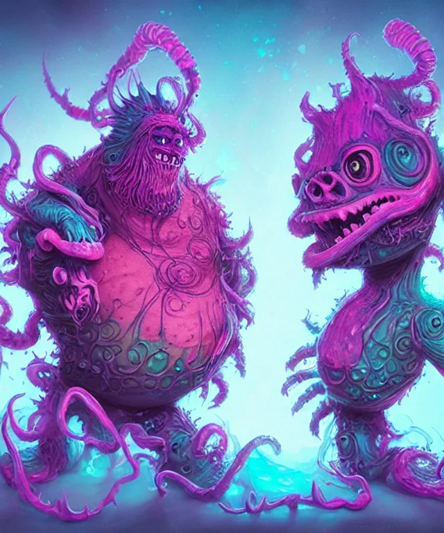 Image similar to a two headed xanathar made of bioluminescence in the art style of monsters inc, fantasy, elegant, crisp 8 k line art, digital painting, artstation, unreal engine, octane render, emissive lighting, concept art, matte, sharp focus, hyper realistic lighting, illustration, deep royal blue and pink color scheme, art by carne griffiths