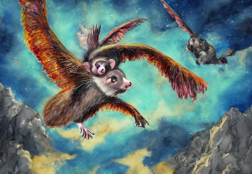 Image similar to the legendary colorful winged possum is flying over a medieval castle under the dark starred sky, dark fantasy, watercolor, dreaming illusion, highly detailed, 4k, trending on Artstation, award-winning