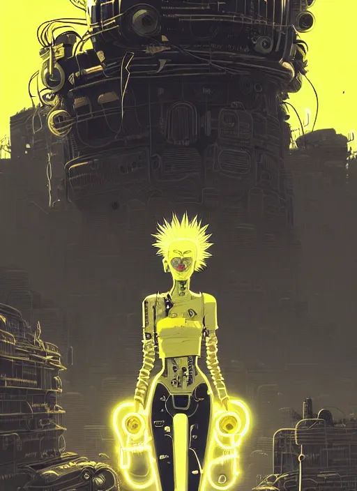 Image similar to highly detailed portrait of wasteland punk long curly bright yellow and white plasma electricity hair tribal lady, stray electric spark wiring by atey ghailan, james gilleard, by joe fenton, by greg rutkowski, by greg tocchini, by kaethe butcher, 4 k resolution, gradient yellow, black and white color scheme!!! ( ( lightning cloudy robotic dystopian city background ) )