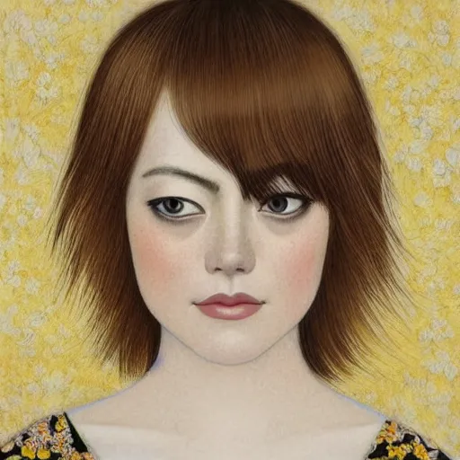 Image similar to “ emma stone portrait by ikenaga yasunari and ayana otake and ko rakusui, drawing, realistic, sharp focus, japanese, dreamy, nostalgia, faded, golden hues, floral clothes ”