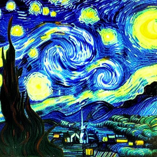 Image similar to “a foggy night in the style of starry night”