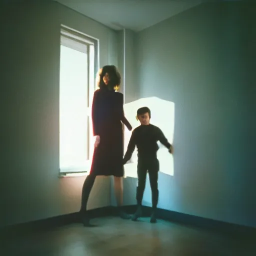 Image similar to cinematic shot of a woman and her son levitating like astronauts in a room without gravity, lens flare from a window, cinestill 800t