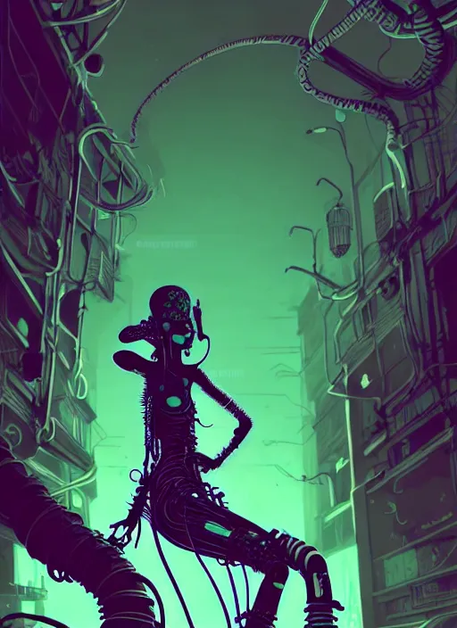 Prompt: highly detailed portrait of a beautiful wasteland punk long dripping green poison hair tribal lady, stray wiring by atey ghailan, james gilleard, by joe fenton, by greg rutkowski, by greg tocchini, by kaethe butcher, 4 k resolution, gradient purple, brown black and white color scheme!!! ( ( green flaming robotic sewer background ) )