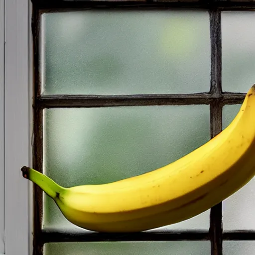 Prompt: a banana shooting through a window