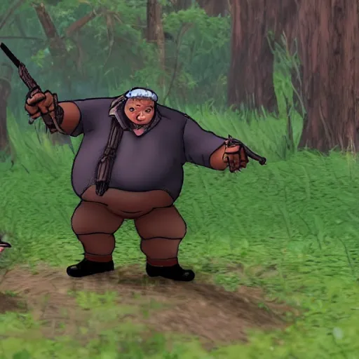 Image similar to ugly old fat man and his strong handsome friend hunting monsters