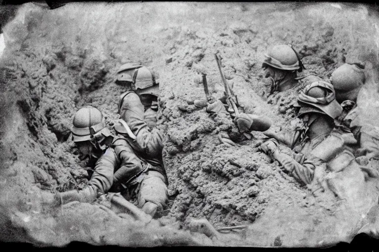 Image similar to soldiers fighting inside of a deep trench, low - angle shot, cinematic, tintype photograph