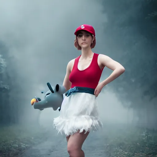 Prompt: Misty from Pokemon cosplay by Emma Watson, 8k, professional photography, cinematic studio shot, dark, smoke