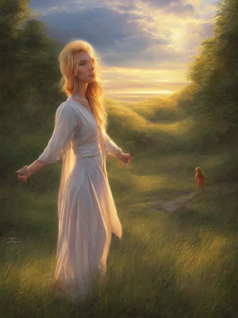 Image similar to blonde female jedi, Swedish countryside, landscape view, archipelago, freedom, dawn, sunrise, beautiful, by Vladimir Volegov, wlop, artstation