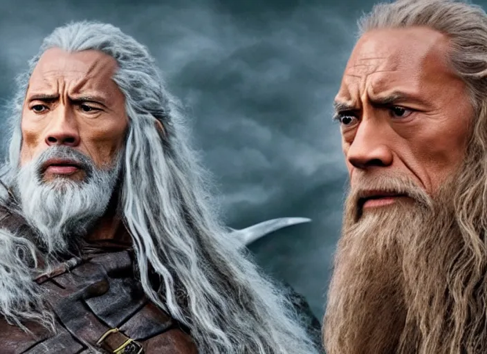 Image similar to film still of dwayne the rock johnson as gandalf in the new lord of the rings movie, 4 k, highly detailed face, detailed eyes