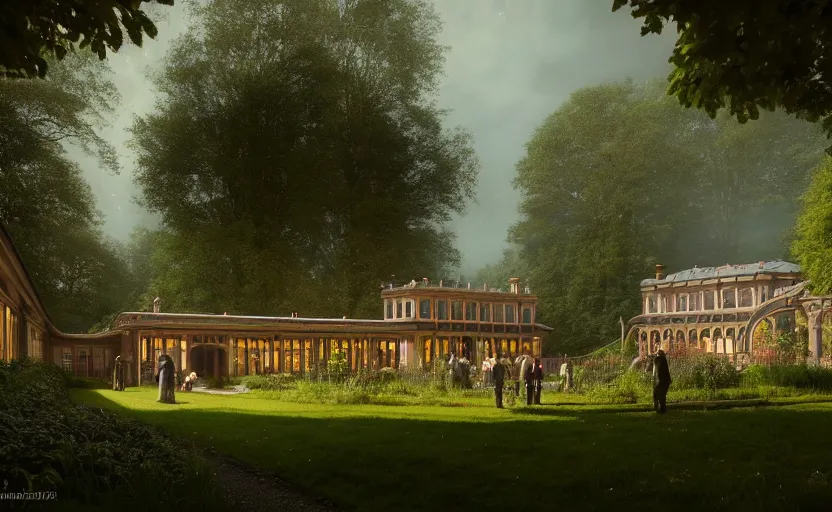 Image similar to exterior shot of utopian victorian train station on in the middle of an english garden with cinematic lighting by peter zumthor and renzo piano, darek zabrocki and greg ruthkowski, simon stalenhag, cinematic, holy place, paradise, scifi, futurism, atmospheric, concept art, artstation, trending on artstation