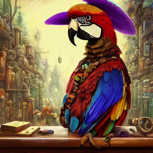 Prompt: Anthropomorphized parrot trader in his shop, shelves full, selling a gem, portrait, items, magic potions, carpet, window, intricate Renaissance hat, sly expression , cunning expression, cute expression, presenting magic gem, D&D, fantasy, cinematic lighting, highly detailed, digital painting, artstation, concept art, smooth, sharp focus, illustration, warm light, cozy warm tint, magic the gathering artwork, volumetric lighting, 8k, no gold, no gold colours, art by Akihiko Yoshida, Greg Rutkowski