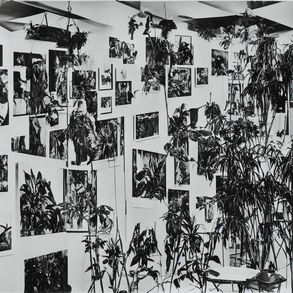 Image similar to A black and white photography of an exhibition space with works of Sun Ra, Marcel Duchamp and tropical plants, 60s, offset lithography print