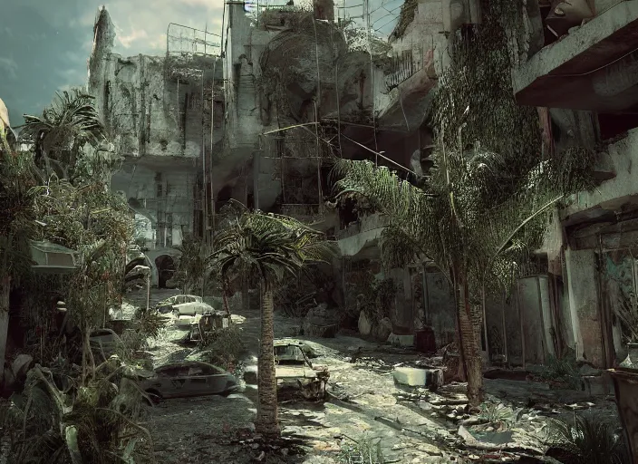 Image similar to casbah algiers post apocalyptic, vegetation, ultra realistic, insane details, cinematic, epic composition, unreal engine, octane render