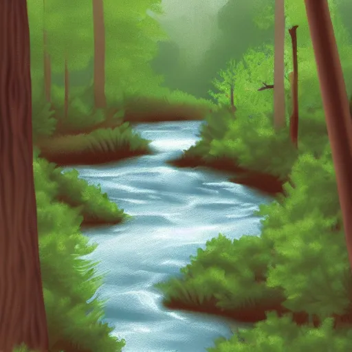 Image similar to digital art painting of a river running through a forest, very mediocre, not detailed at all.