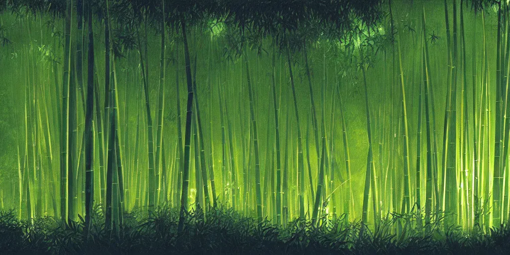 Prompt: a lightning bolt cuts through a bamboo forest, tiny fireflies glowing, 4 k wallpaper, drawn by hiroshi yoshida.