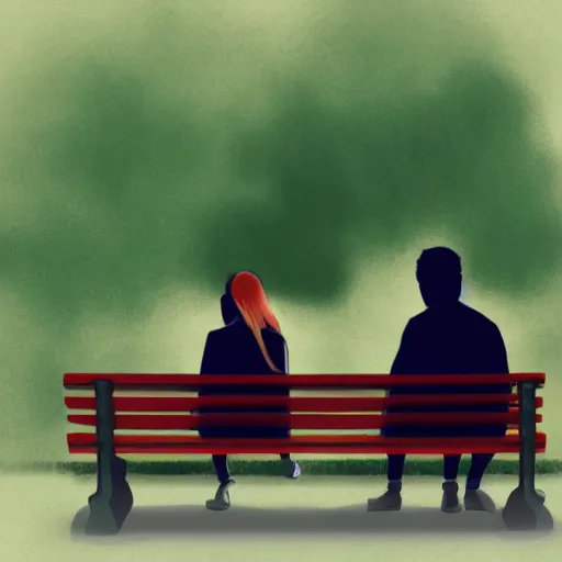 Prompt: a couple sitting on a park bench, concept art
