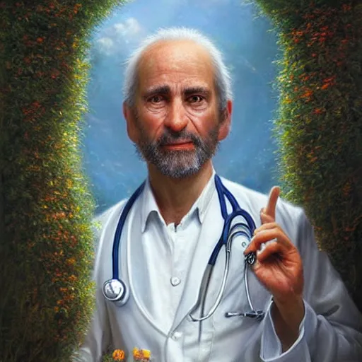 Prompt: Didier Raoult the French doctor saves the world, realistic, detailed, cinematic light, art by catholic saints