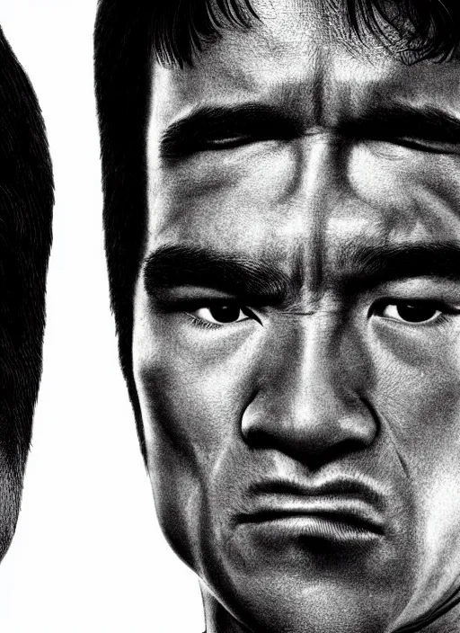 Image similar to Film poster Arnold Schwarzenegger VS Bruce lee , faces look at each other, detailed and realistic, 4k, filmic render