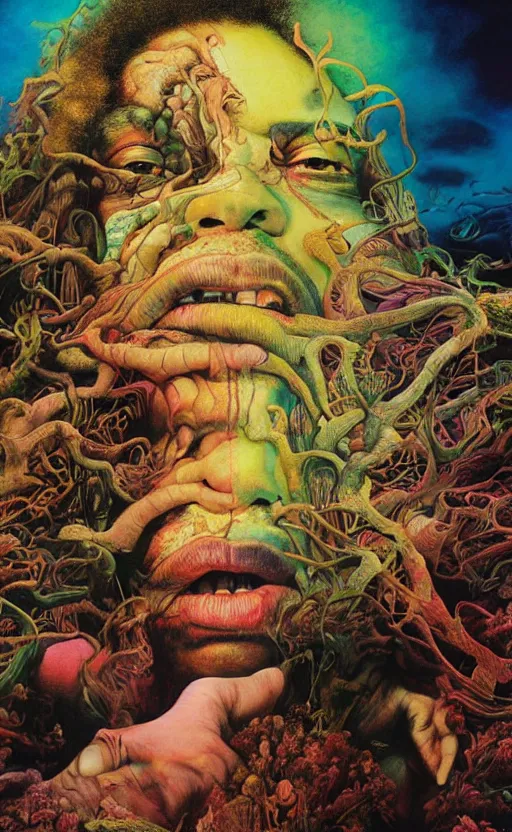 Image similar to ultrawide angle colour masterpiece surreal closeup portrait photography of jimi hendrix playing on stage by miho hirano and annie leibovitz and michael cheval, weird surreal epic psychedelic complex biomorphic 3 d fractal landscape in background by kilian eng and roger dean and salvador dali and beksinski, 8 k