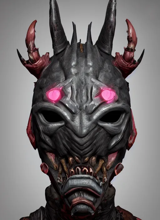 Image similar to 3 d render of a demon cyberpunk mask, au naturel, hyper detailed, digital art, trending in artstation, cinematic lighting, studio quality, smooth render, unreal engine 5 rendered, octane rendered, art style by klimt and nixeu and ian sprigger and wlop and krenz cushart riot arcane overwatch