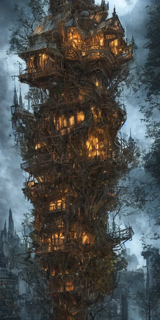 Prompt: ultra realistic and intricate detailed giant villain tech treehouse on the middle of the city, evil, devil, bloody, night, high technology, innovation, Dark evil style, artstation, unreal render, depth of field, ambient lighting, award winning, stunning