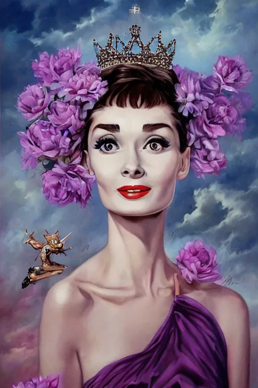 Image similar to closeup portrait fine art photo of the beauty audrey hepburn, she has a crown of stunning flowers and dress of purple satin and gemstones, symmetrical realistic eyes, background full of stormy clouds, by peter mohrbacher