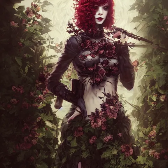 Image similar to goth christina hendricks with flowers in her hand, tankoban, 4 k, tone mapping, akihiko yoshida, james jean andrei riabovitchev marc simonetti, yoshitaka amano, long hair, curly, h. hydrochaeri