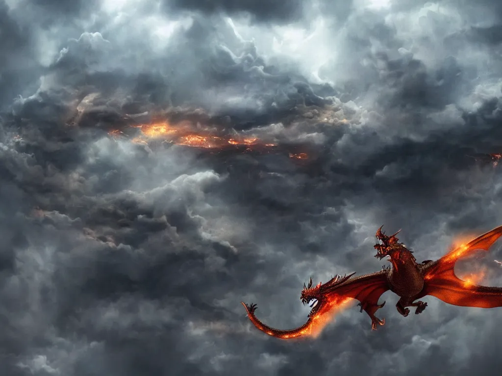 Prompt: epic detailed cinematic shot of dragon flying over a city through stormy clouds, breathing fire