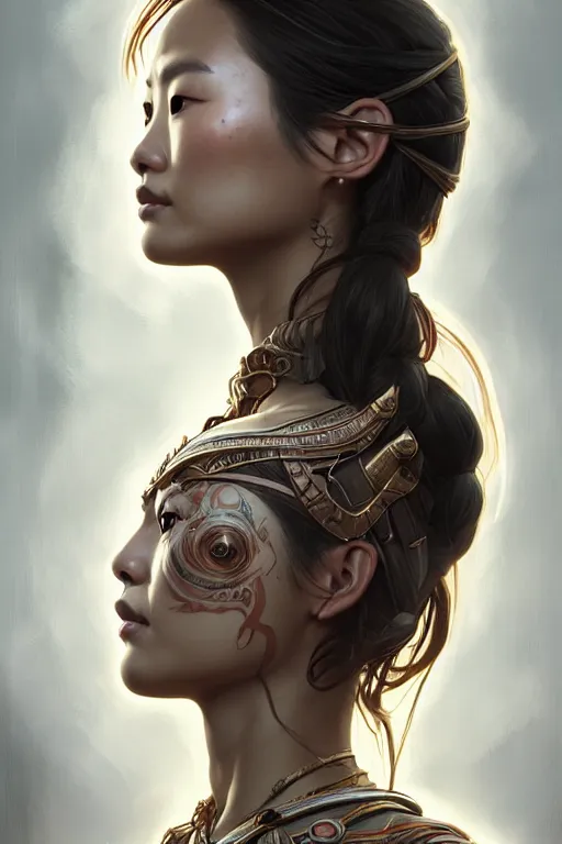 Image similar to symmetry!! portrait of jamie chung in the style of god of war, machine parts embedded into face, intricate, elegant, highly detailed, digital painting, artstation, concept art, smooth, sharp focus, illustration, art by artgerm and greg rutkowski and alphonse mucha, 8 k