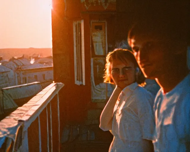 Image similar to lomo photo of pair standing on small hrushevka balcony full with cigarette smoke in small russian town looking at sunset, cinestill, bokeh