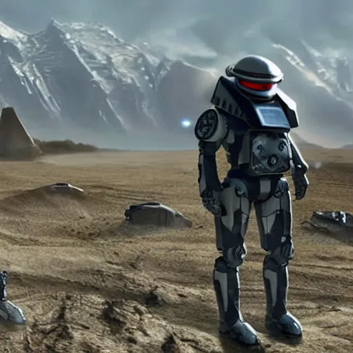 Image similar to photograph of an stern old man wearing futuristic gray heavy exosuit armor with navy blue detailing holding a white plastoid shield in his left hand and a blaster in his right hand. in the background there is a scifi battle taking place with trenches and force - field generator trucks and laser machineguns on a rolling green plains with snowcapped mountains in the distance. science fiction.