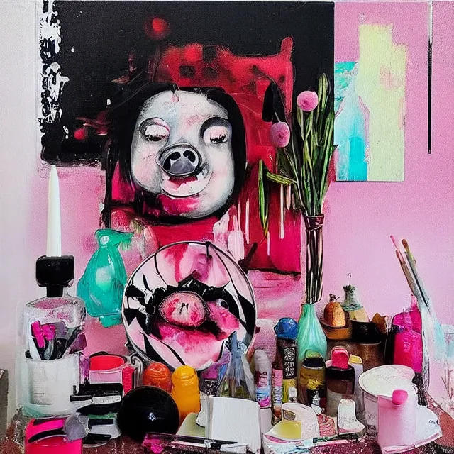 Image similar to “ a portrait in a female art student ’ s apartment, sensual, a pig theme, art supplies, paint tubes, ikebana, herbs, a candle dripping white wax, black walls, squashed berries, berry juice drips, acrylic and spray paint and oilstick on canvas, surrealism, neoexpressionism ”