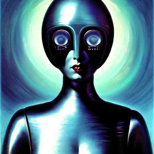 Image similar to futuristic portrait of woman from 2 0 s decade of xx century in metal space suit in a style of hans giger, dark atmosphere, lovecraftian background, lynchian atmosphere, film noir, concept art, art by kuvshinov ilya and zdislav beksinski and wayne barlowe and hans giger