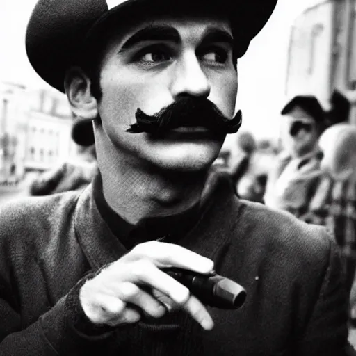 Image similar to realistic photograph of Mario in a hat with an M smoking in a french new wave Godard film aesthetic, black and white