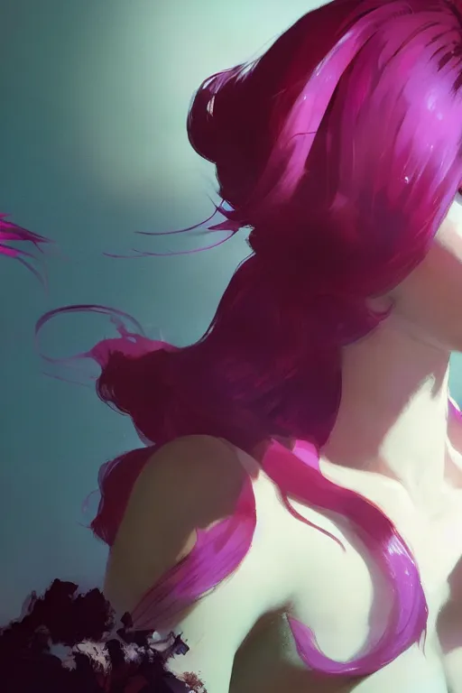 Prompt: A beautiful woman with professional makeup, with shoulder length mid-length magenta hair, volumetric lighting, dramatic atmosphere, by Dustin Nguyen, Akihiko Yoshida, Greg Tocchini, Greg Rutkowski, Cliff Chiang, 4k resolution, trending on artstation