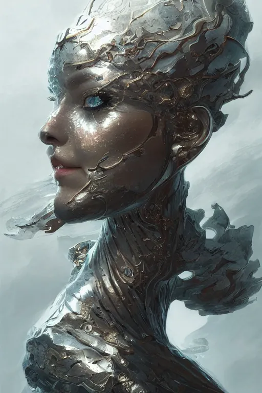 Image similar to metallic metamorphosis, d & d, fantasy, portrait, highly detailed, headshot, digital painting, trending on artstation, concept art, sharp focus, illustration, art by artgerm and greg rutkowski and ayami kojima