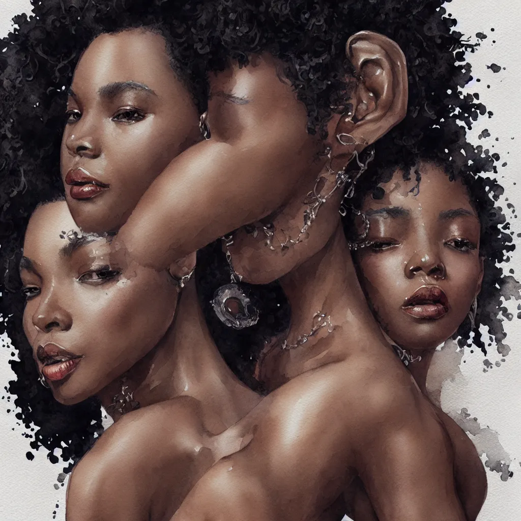 Prompt: beautiful watercolor painting of black women, intricate, elegant, highly detailed, digital painting, artstation, concept art, smooth, sharp focus, dynamic lighting, ultrarealistic, cinematic, octane render, 8 k