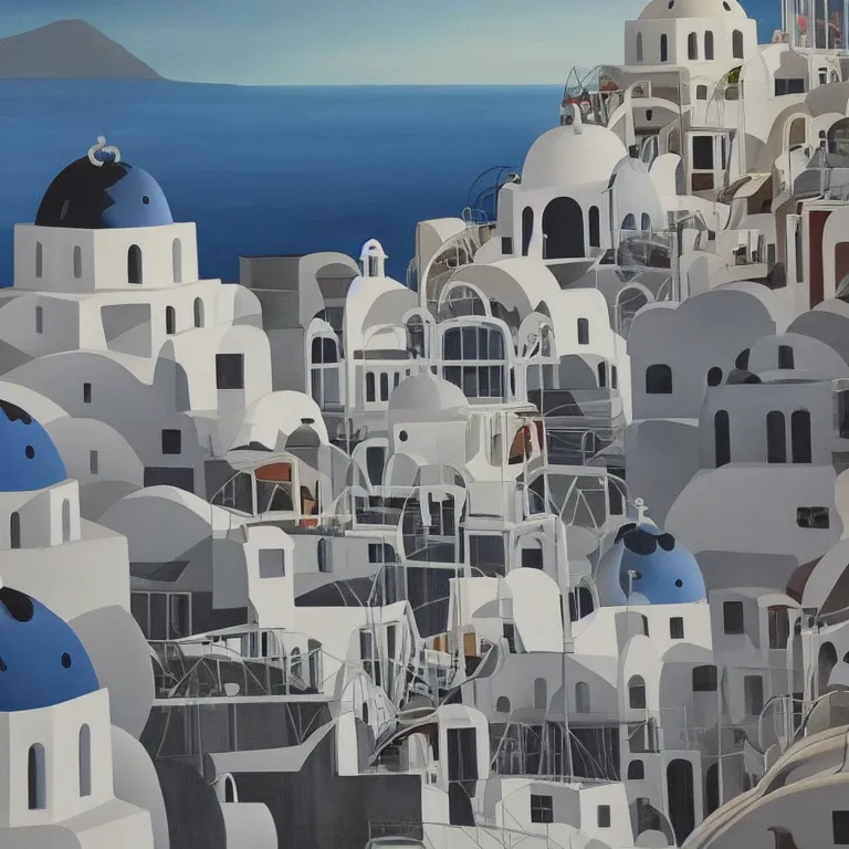 Prompt: a painting of abstract buildings like santorini by zaha hadid and yves tanguy